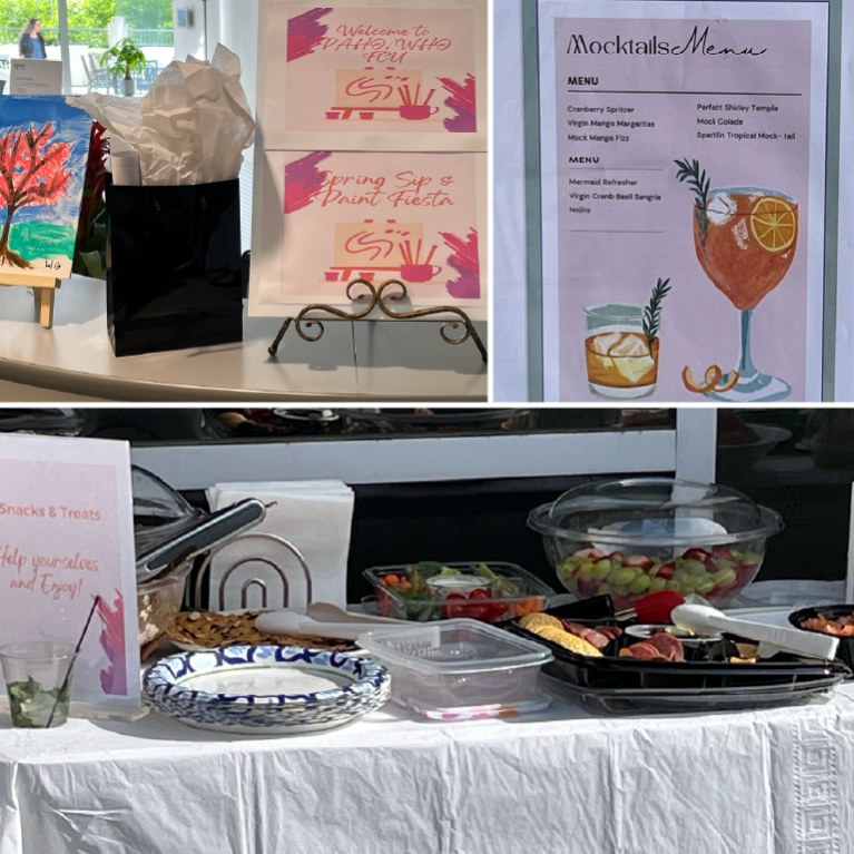 canvas sign Paint and Sip with artwork from employees