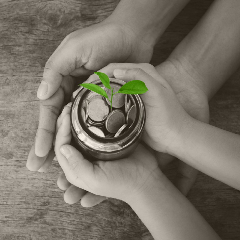 adult hands over child's hands holding a jar with a plant growing from it