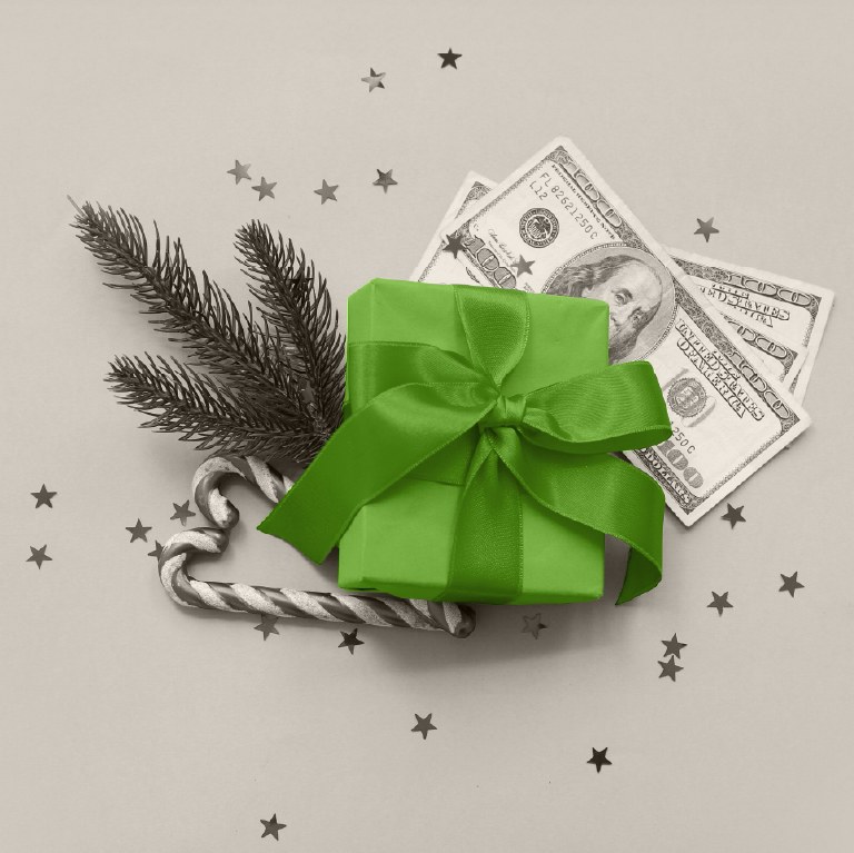 green giftbox candy canes and cash