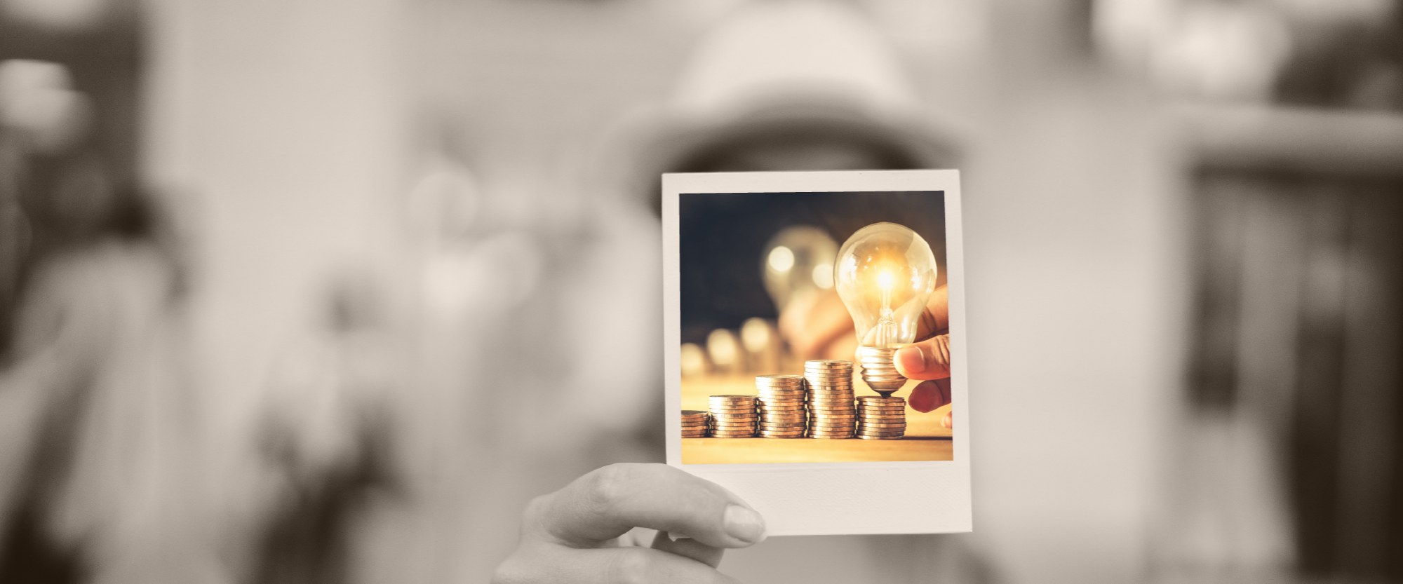 polaroid photo of a bright lightbulb on stack of coins