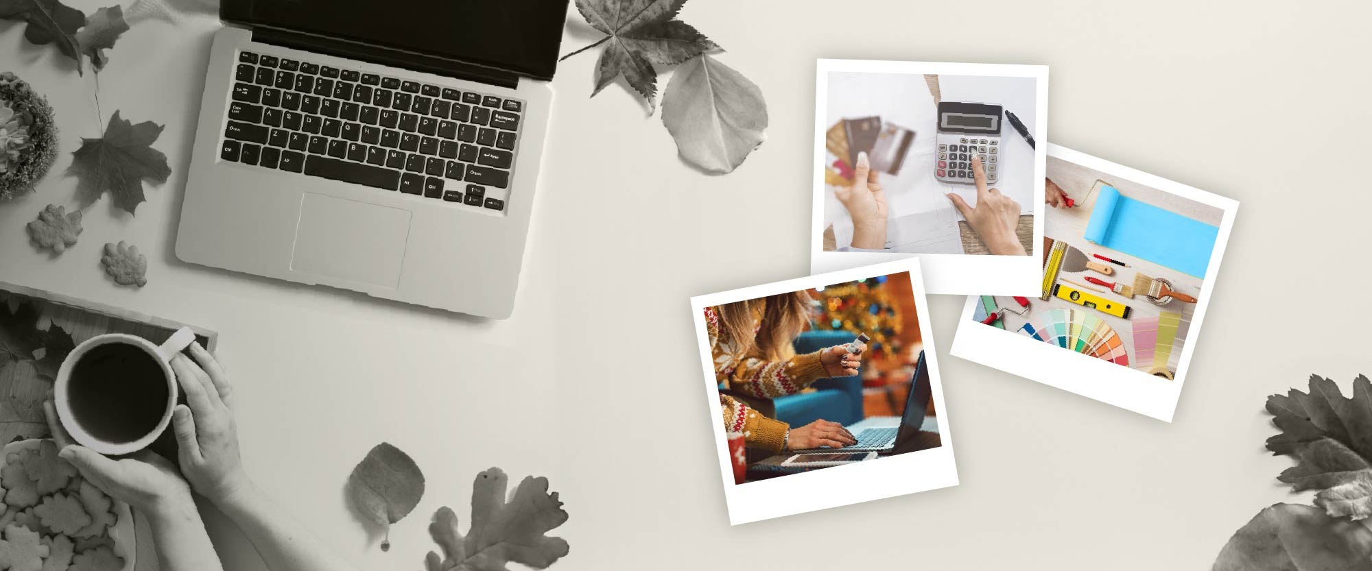 wood table with fall leaves and 3 polaroids with images of a person at a computer, hand holding credit cards with a calculator, and paint sample swatches