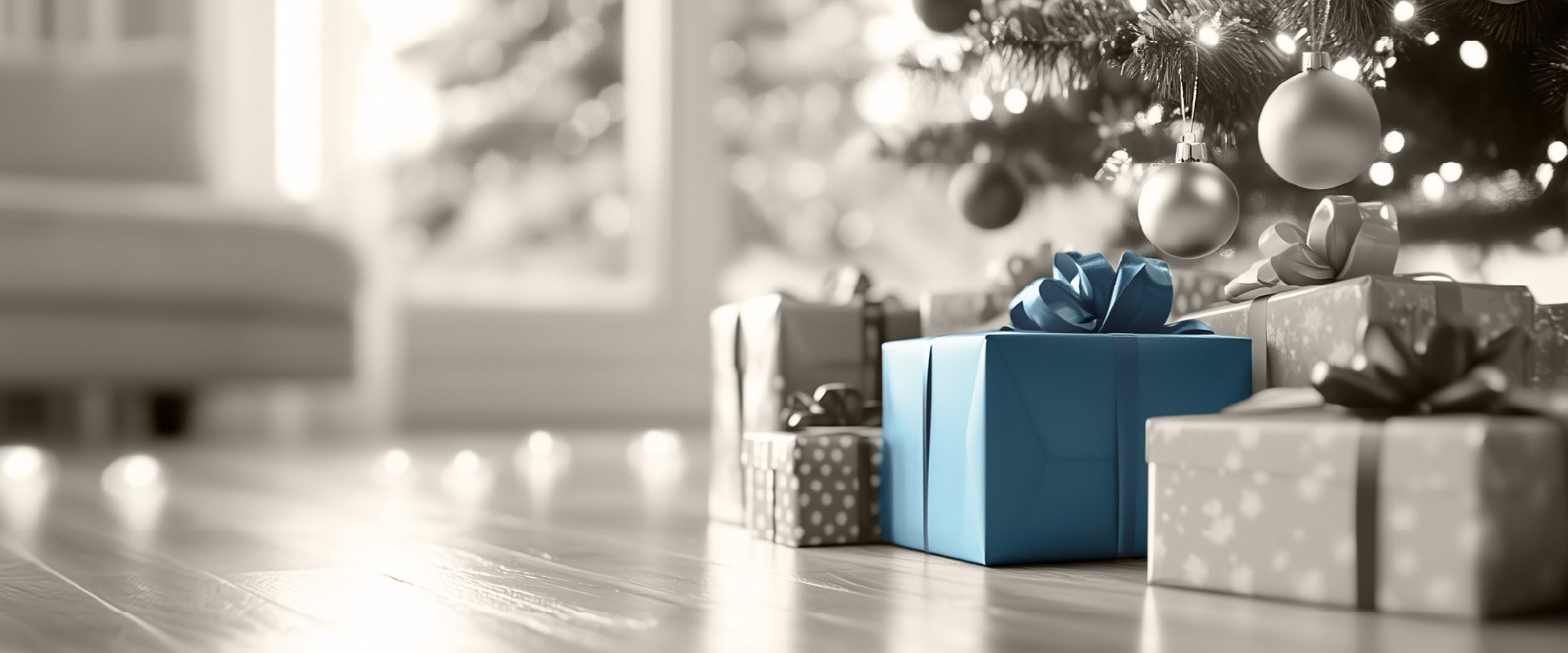 wrapped presents with turquoise colored paper