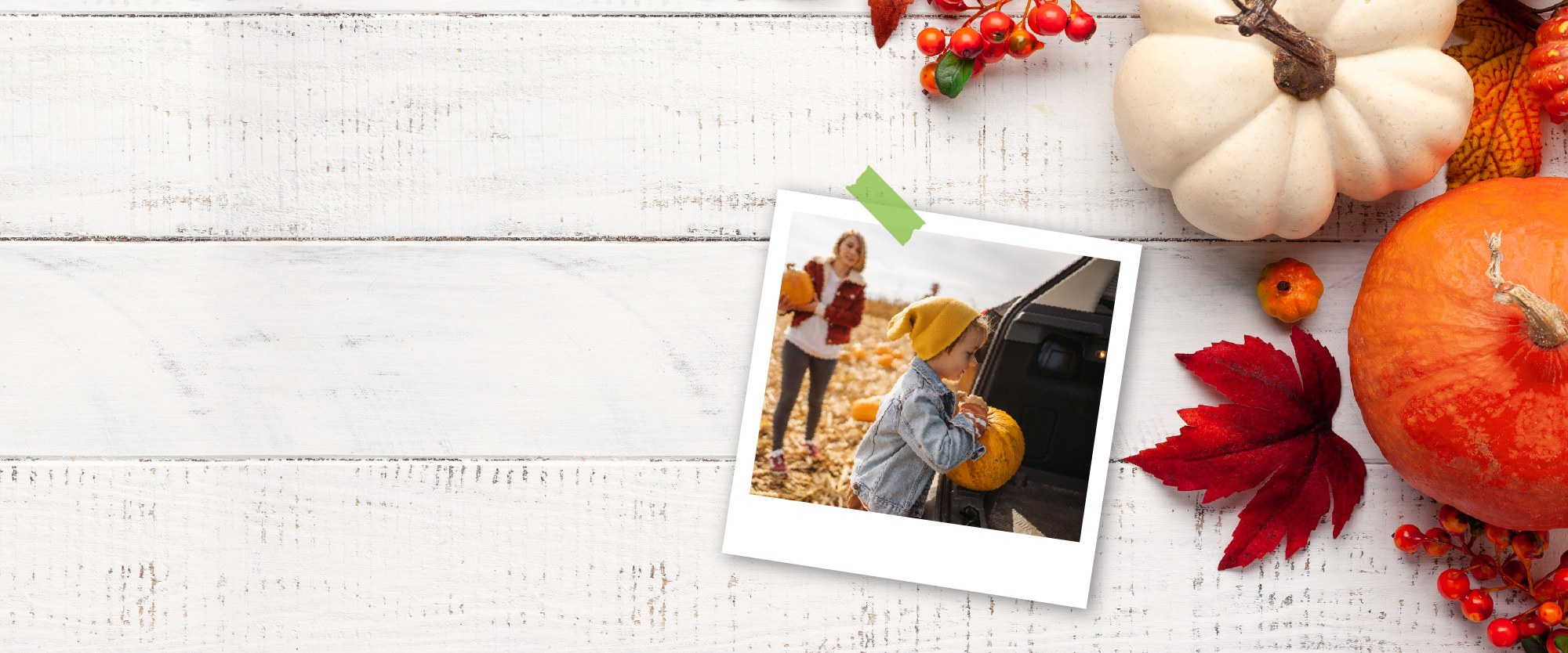 polaroid of kids loading car with pumpkin on a white wood background