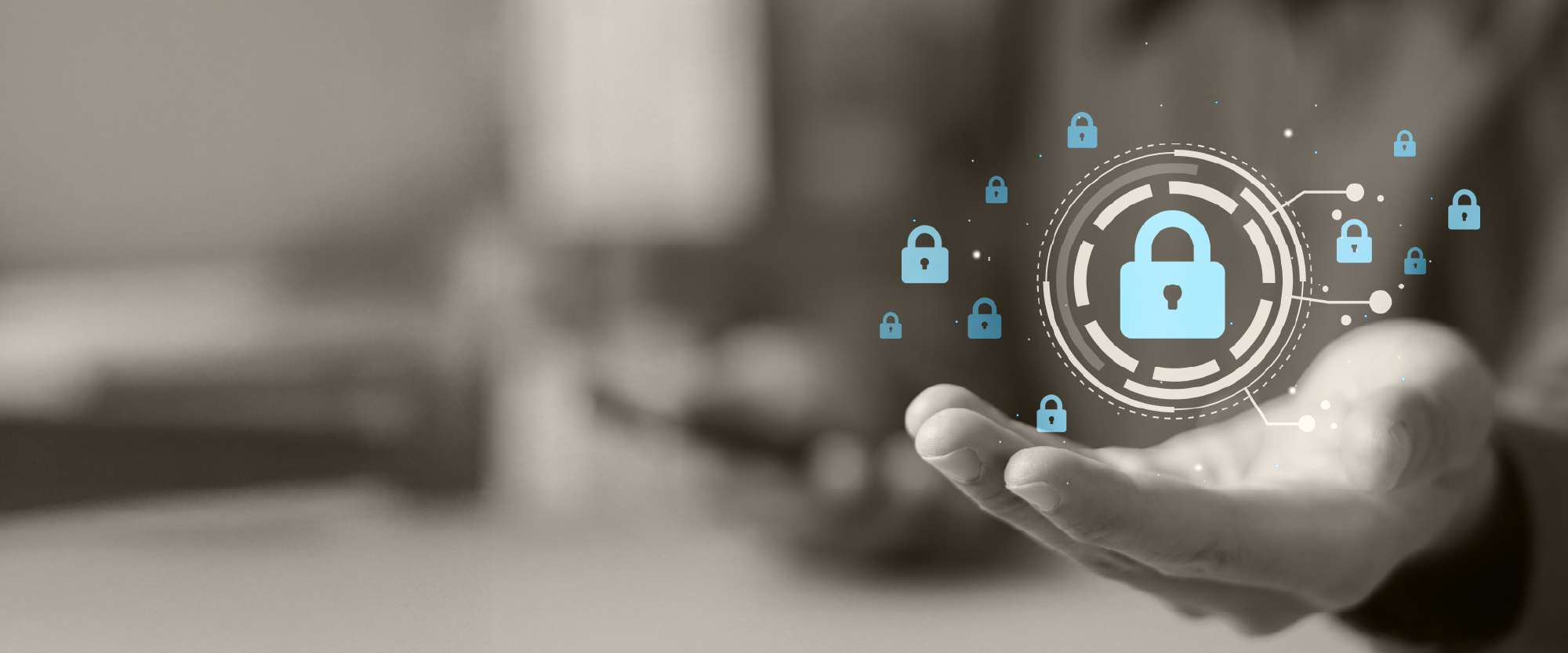 hands under a digital security lock hologram