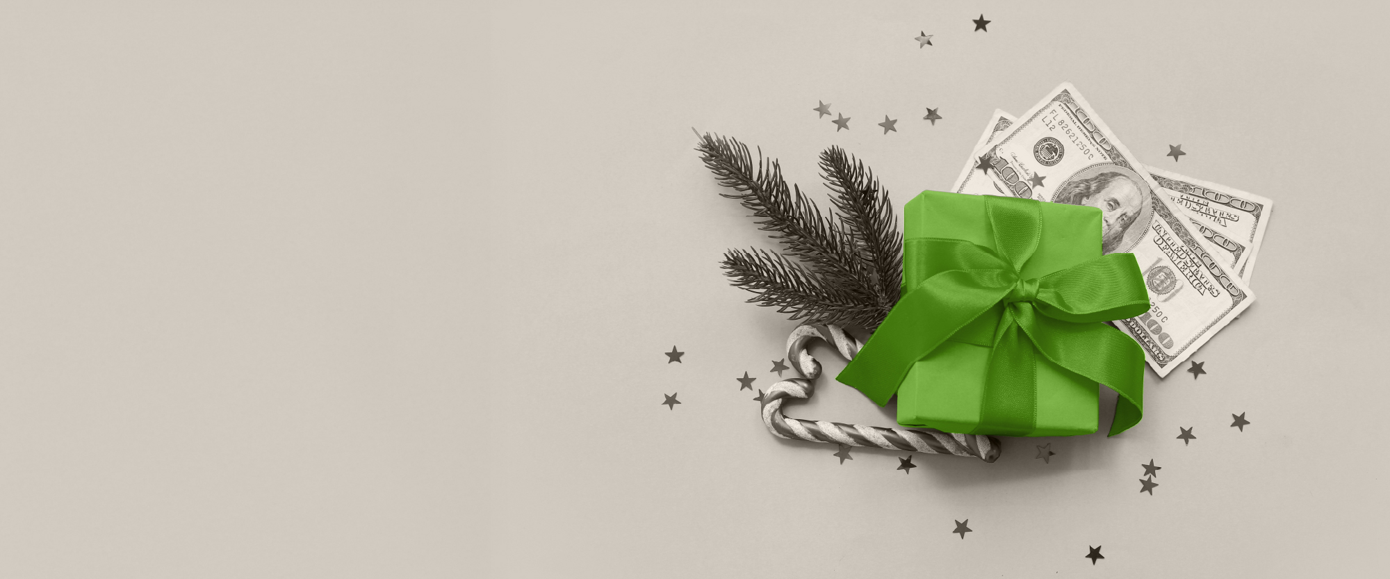 green giftbox candy canes and cash